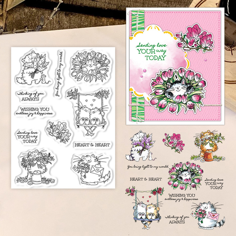 Clear Silicone Stamps For Card Making - Carimbo transparente de gatinhos e flores,