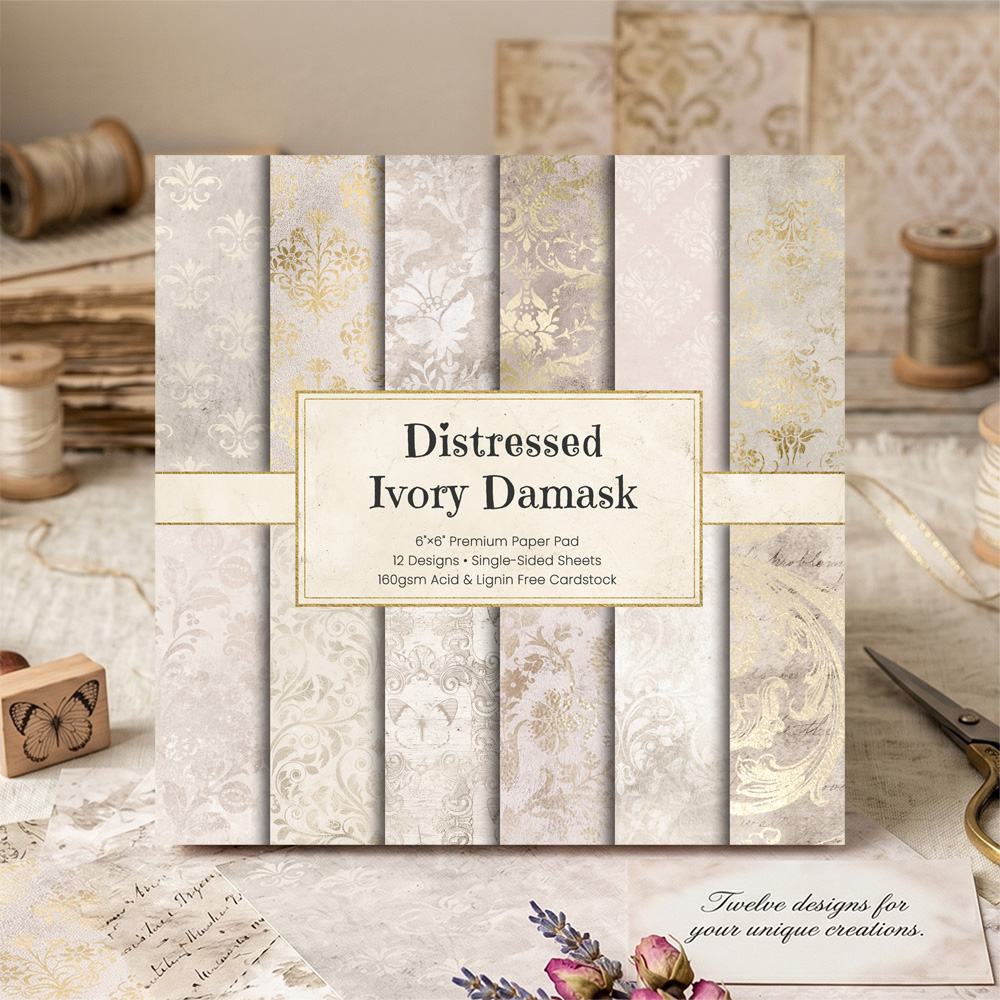 Vintage Junk Journal Scrapbooking Paper - Papel de Scrapbook Vintage Marfim Damask